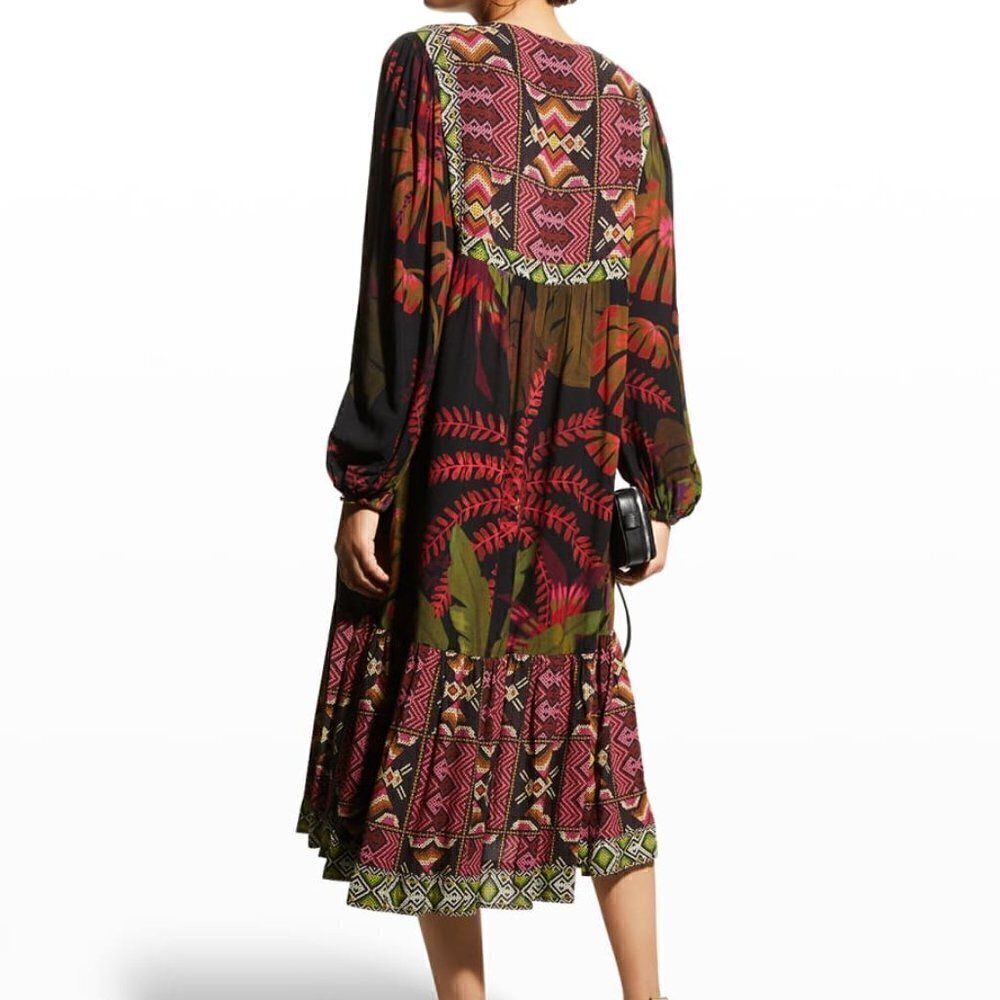 Farm Rio Tropical Forest Long Sleeve V-Neck Midi Dress - Picture 10 of 10